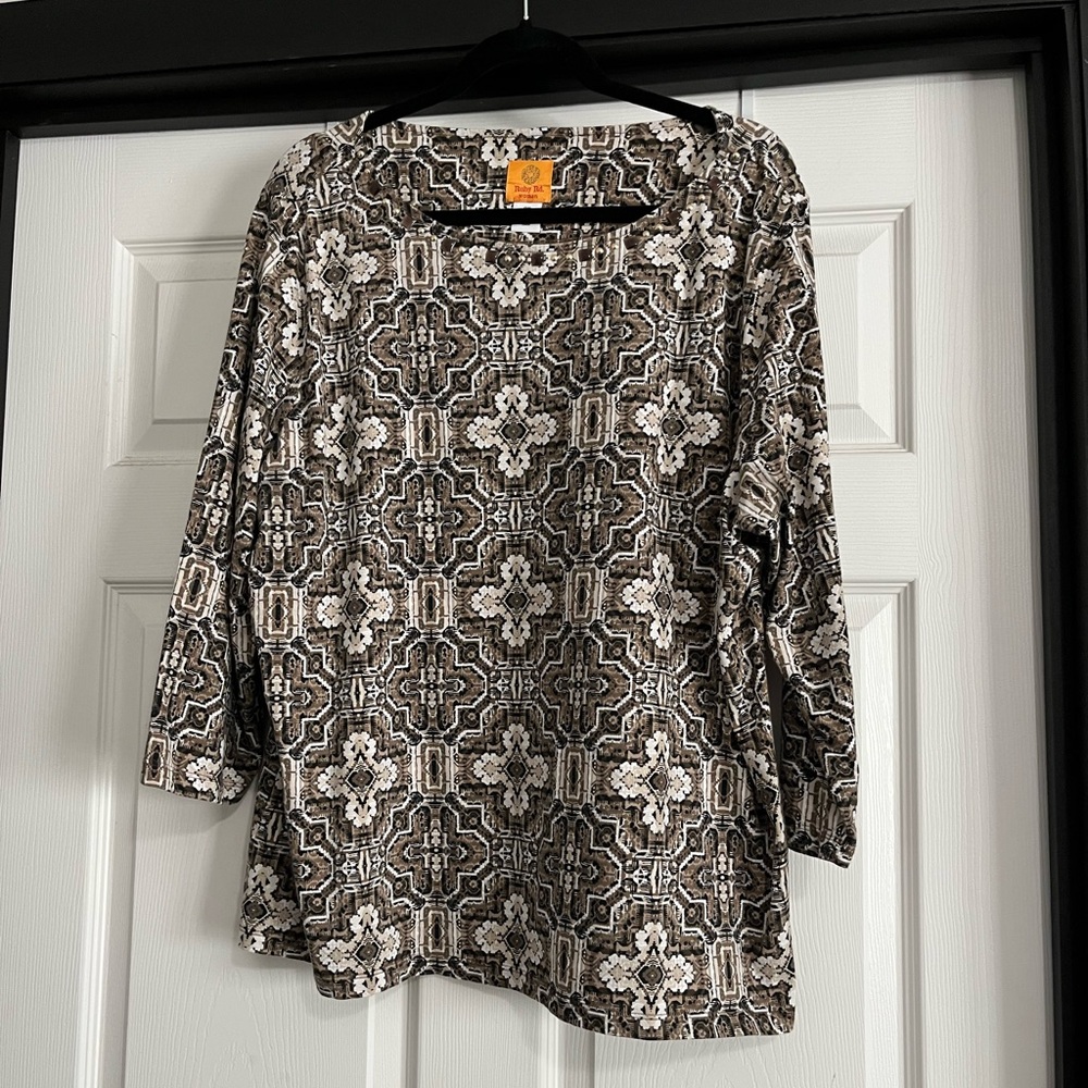 Ruby Rd. Brown and Cream Tile-Print Long Sleeve Top